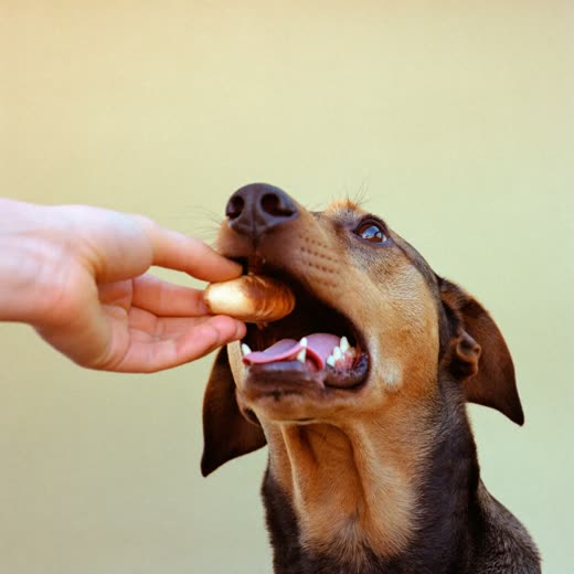 A dog taking a reward gently from a hand